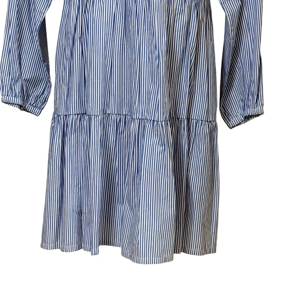 J.Crew Blue White Striped Tiered Mini Dress Long Sleeve Ruffle Neck NWT Small
